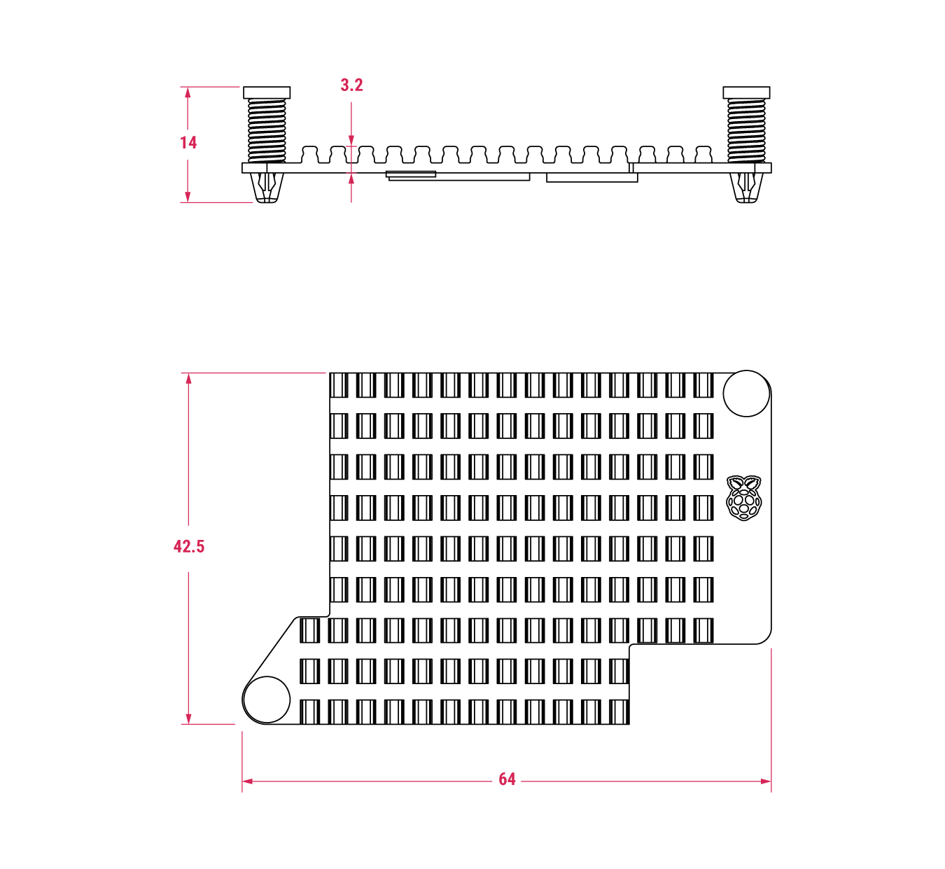 AI HAT+ 2散热器机械示意图；所有尺寸均为毫米单位近似值