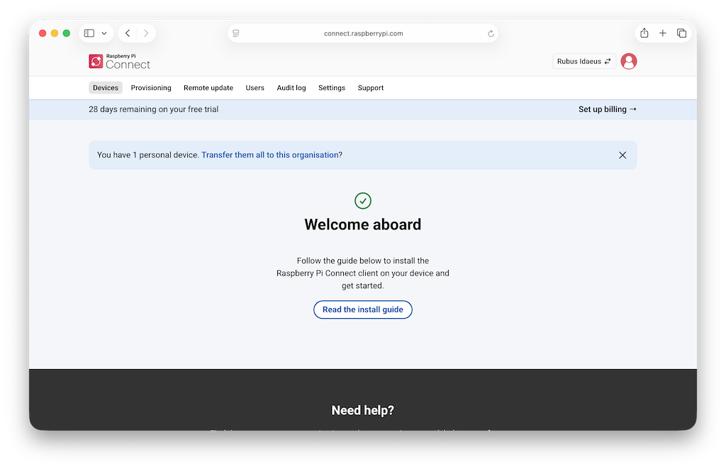 Raspberry Pi Connect 界面，显示将树莓派设备从个人 Connect 账户导入到组织 Connect 账户的链接。
